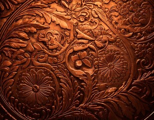 Close-Up of Engraved Antique Copper with Tarnished Floral Patterns and Warm Golden Lighting