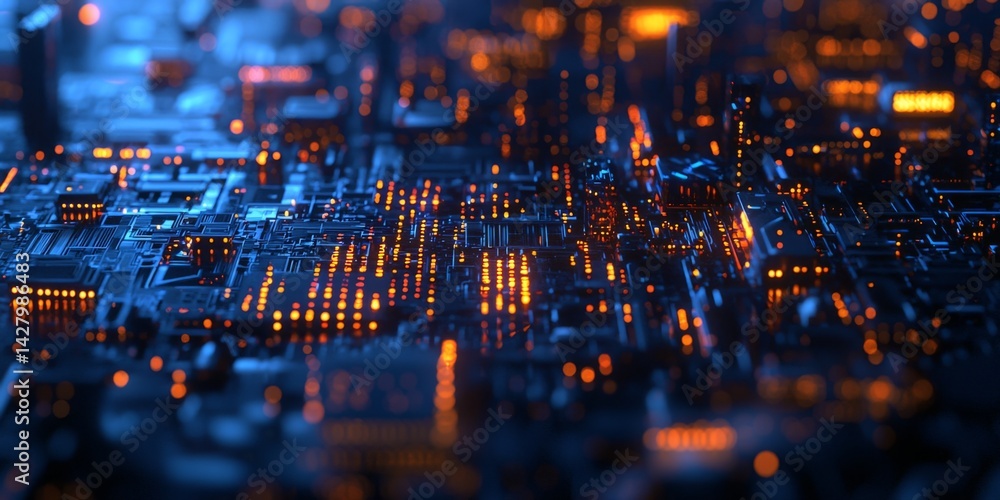 Poster A Stunning Nightview of a Modern City Illuminated with Neon Lights and Digital Binary Code Overlay Representing Technology and Innovation