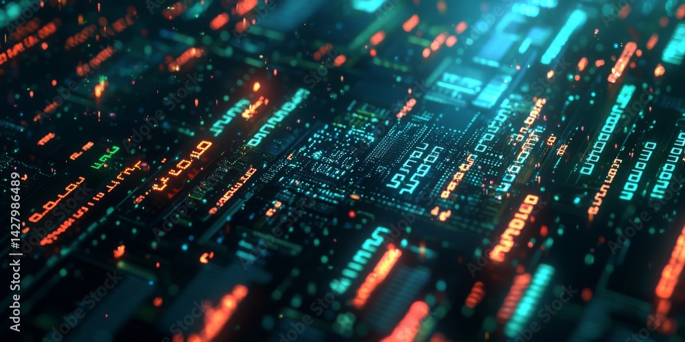 Poster A Stunning Nightview of a Modern City Illuminated with Neon Lights and Digital Binary Code Overlay Representing Technology and Innovation