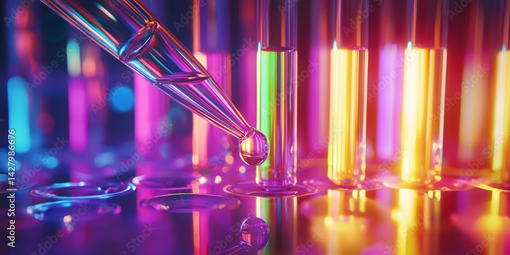 Poster Close-Up View of Laboratory Pipette Dropping Liquid into Test Tubes Surrounded by Colorful Background Enhancing Scientific Exploration and Research