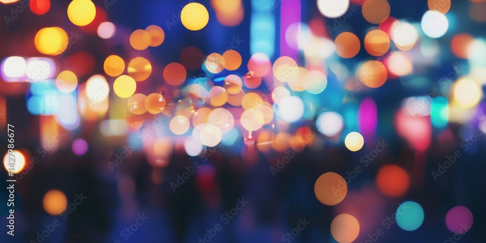 Poster abstract blurred background of crowded exhibition hall with bright lights and soft bokeh effect, sho