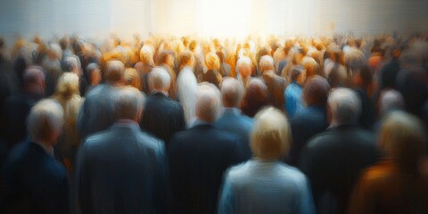 Obraz premium Blurry Crowd at a Modern Event with Bright Lighting, Soft Bokeh Effect, Abstract Background of People at a Trade Show or Conference