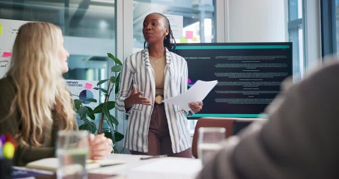 Business, presentation and woman with documents by screen for marketing pitch, advertising app benefits or KPI. Boardroom, stakeholders and speaker with brand guidelines, campaign feedback and review