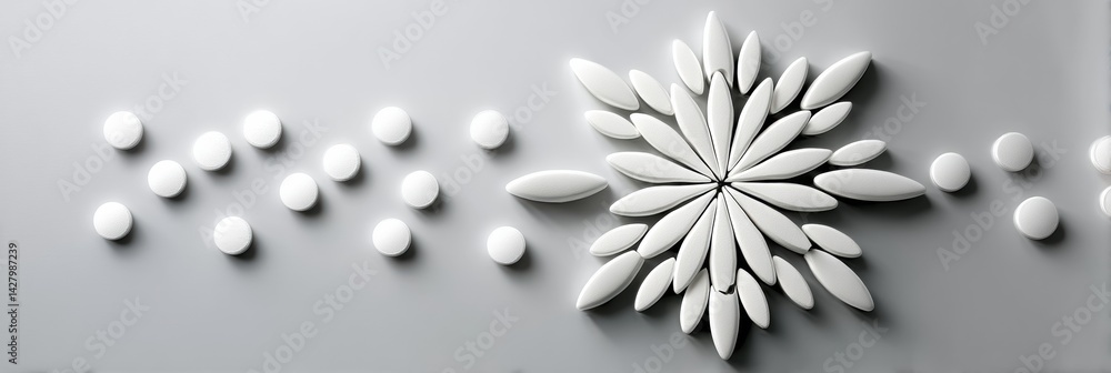 Aufkleber Blooming Flower Shape Created With Clean White Pills Representing Wellness and Minimalism in a Serene Setting