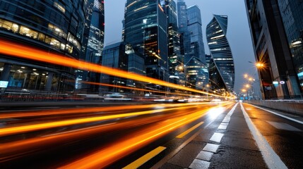 Modern city street at night with light trails and towering skyscrapers, urban environment, motion blur, reflection