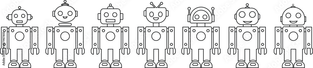 Poster robot black line icons set. gpt chatbot. artificial intelligence, trendy technology, support service