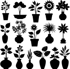 silhouettes of potted plants and flowers in vases vector set bundle