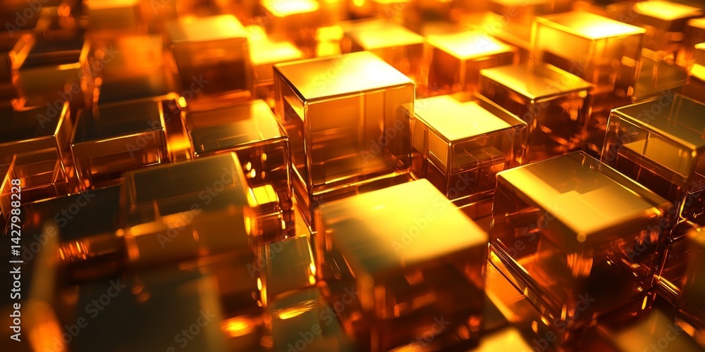 Poster Abstract digital technology landscape with luminous cubes and glowing grid network, representing innovation, connectivity, and futuristic concepts in data visualization