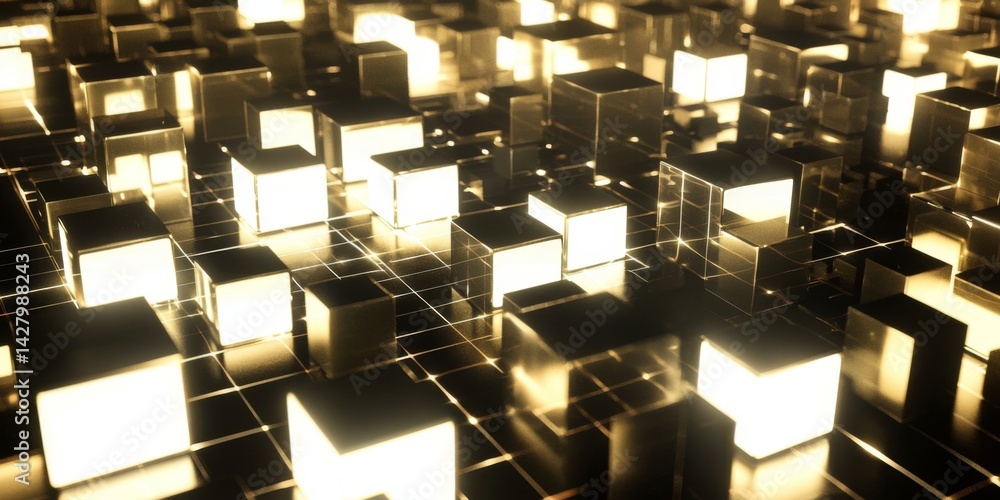 Poster Abstract digital technology landscape with luminous cubes and glowing grid network, representing innovation, connectivity, and futuristic concepts in data visualization
