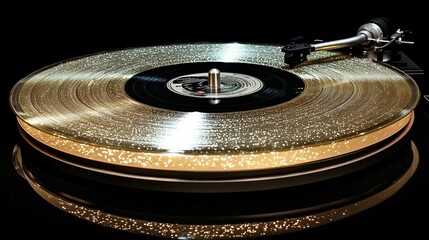 Gold vinyl record on turntable, close-up shot.