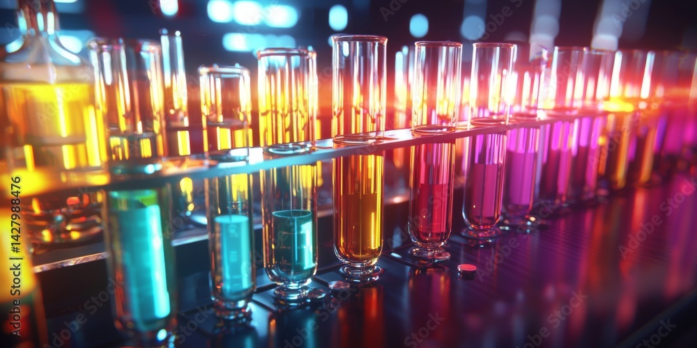 Poster Laboratory Scene with Test Tubes and Pipette in Action Showcasing Chemical Experimentation and Scientific Research in a Bright and Colorful Environment