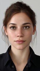 A woman in a black shirt is looking at the camera