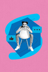 Poster trend collage of person sit chair with speech bubble like reaction on pink color background