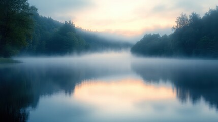 Fototapeta premium Misty lake at dawn reflecting soft colors and lush greenery
