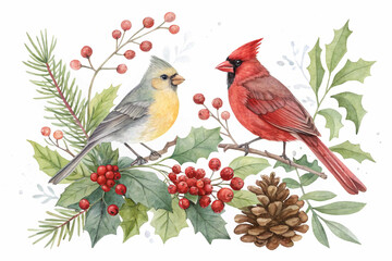 The image features a vibrant red cardinal and a yellow finch resting on a branch with winter berries and pinecones, set against a white background