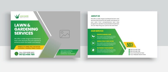 Lawn Mower Garden or Landscaping Service Postcard Template. Eddm Postcard Design, Event Card Design, Direct Mail Template, Invitation Design. leaflet, grass, equipment, gardener