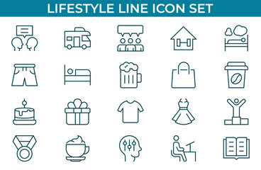 Lifestyle outline icons set. Containing healthy lifestyle, diet, exercise, sleep, relationships, running, Editable stroke outline icon.
