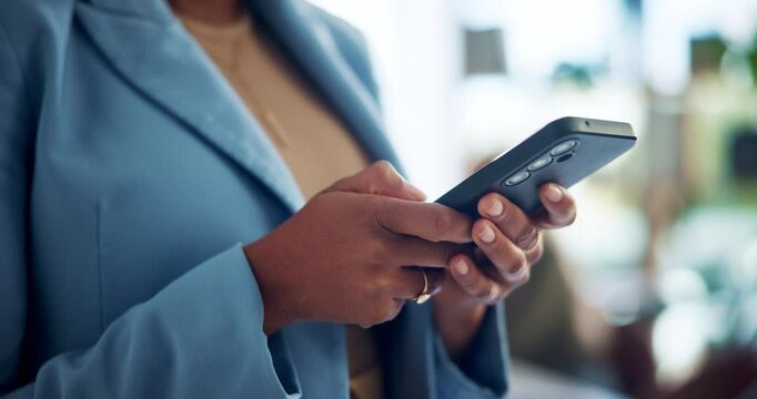 Online, hands and woman with smartphone, business and marketing research on app, employee and browsing. Office, social media coordinator and person with mobile to check audience engagement and tech