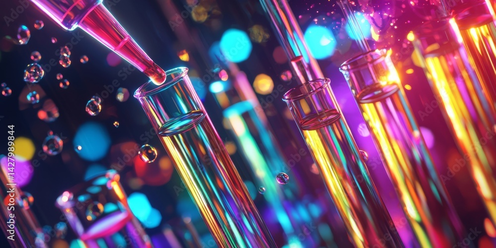 Poster Precision laboratory pipette filled with colorful liquid above test tubes with chemical structures in background illuminating modern scientific research environment