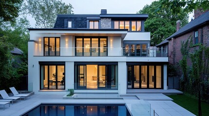 Fototapeta premium Modern contemporary luxury house with infinity pool reflecting evening sunset sky, featuring glass windows, balcony railings, large front door and minimalist architecture.