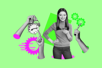 Creative pop poster sketch art collage of happy businesswoman stand office workload concept gearwheel optimization alarm deadline