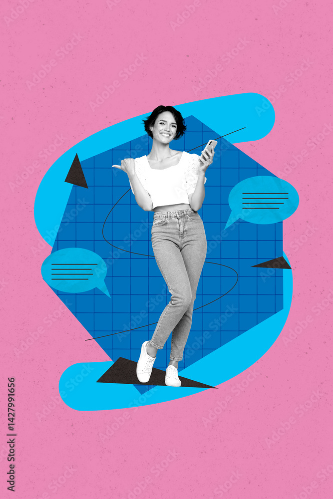 Poster pop trend collage of person point with text box comments on pink color background