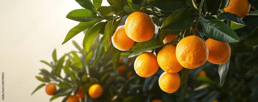Poster bunch of oranges hanging from a tree. the oranges are ripe and ready to be picked. the tree is lush 