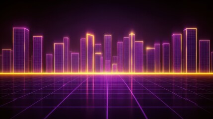 Retro cityscape of neon-lit skyscrapers.