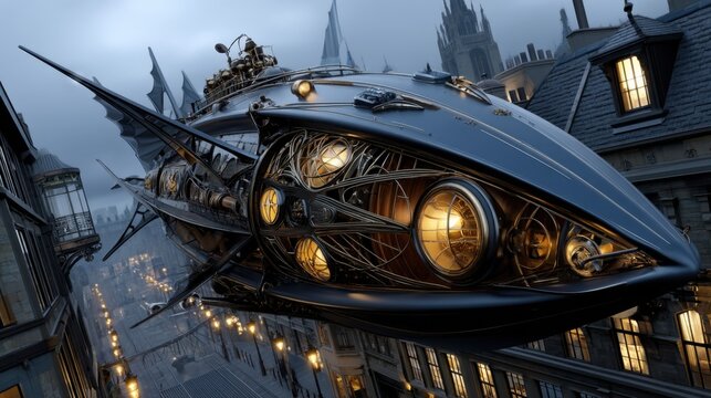 Futuristic flying car with sleek design and advanced technology in a modern cityscape at twilight - Powered by Adobe