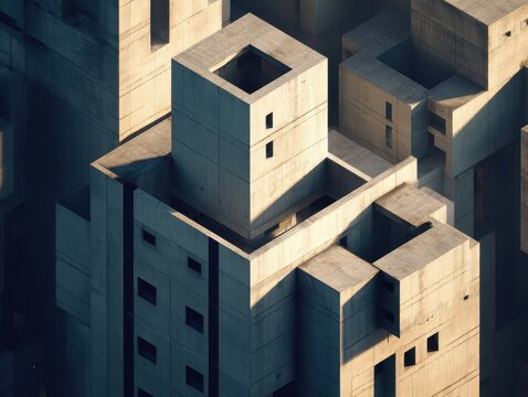 Abstract view of modern architecture featuring concrete buildings with rectangular forms, playing with light and shadow creating a minimalist scene.