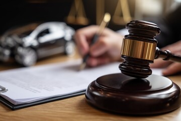 Close up of Gavel and Legal Documents on Wooden Desk, Blurred Background of Damaged Car and Hands Writing