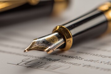 Fototapeta premium Close up of Gold and Black Fountain Pen on Signed Document