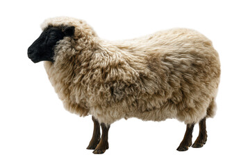 Closeup of a fluffy sheep with tan fleece and dark face isolated on wool on transparent background