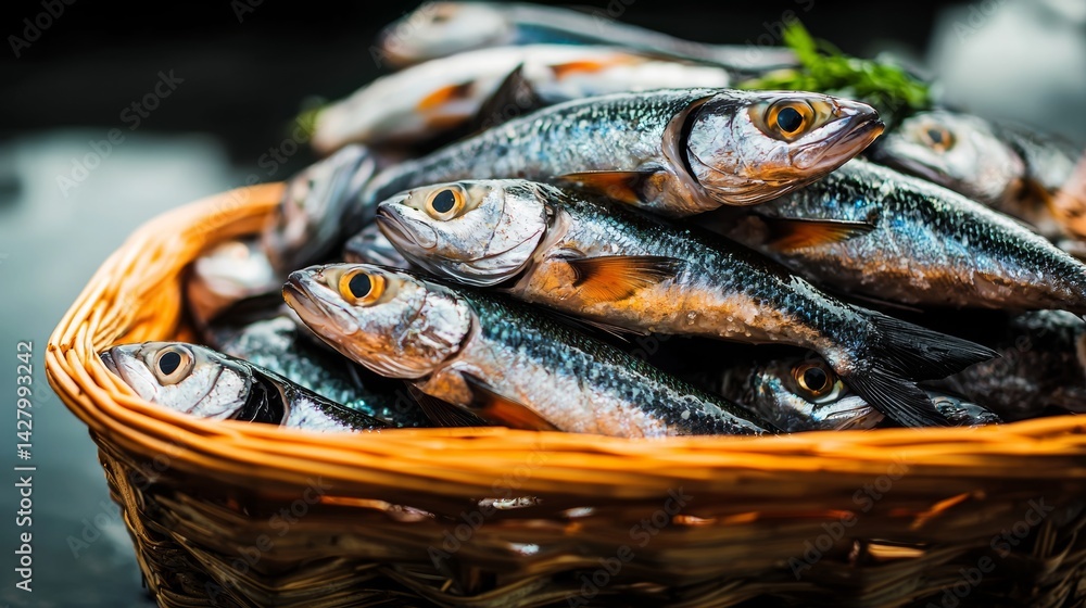 Poster basket filled with fish and greens is placed on a surface. the fish are of various sizes and colors,