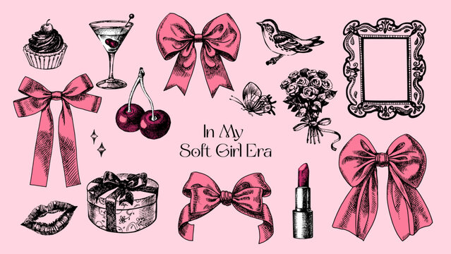 Hand drawn soft girl era collection. Coquette style mood set. Ideal for greeting cards, Valentine's Day, couple gifts. Retro sketch vector illustration.