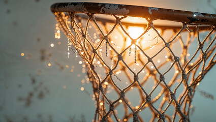 Close up of basketball hoop covered in dew drops at sunrise