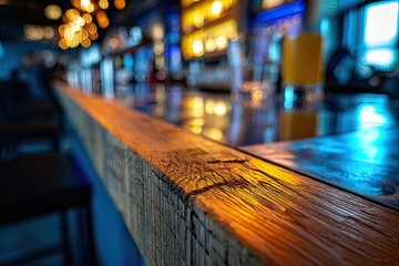 Rustic wooden bar top, modern restaurant