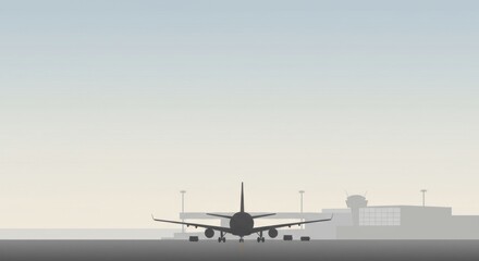 Fototapeta na wymiar Airplane on runway in silhouette at airport with terminal buildings and control tower in background. Travel and transportation concept background illustration.