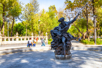 Neptune Fountain statue sculpture figure monument in Mexico City Mexico. © Arkadi