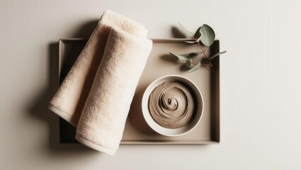 Fototapeta premium Relaxing spa treatment with clay mask and towels indoor setting aesthetic wellness experience
