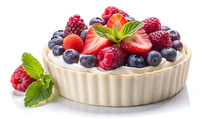a bowl filled with creamy white yogurt on white background