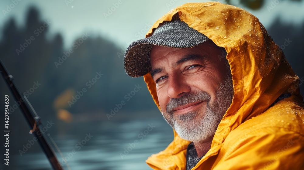 Poster man in a yellow raincoat is smiling and posing for a picture. he is wearing a hat and he is enjoying