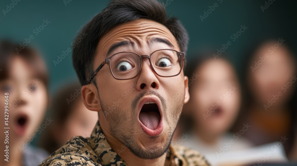 Aufkleber man with glasses and a surprised expression on his face. he is looking at something that has caught 