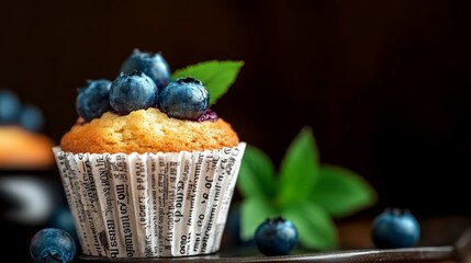 Blueberry muffin with a leaf on top is sitting on a table. The muffin is covered in blueberries and has a paper wrapper around it. Concept of freshness and naturalness
