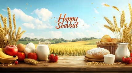 Happy Shavuot Greeting with Abundant Dairy, Fruit, and Wheat Arranged on a Rustic Wooden Table Outdoors

