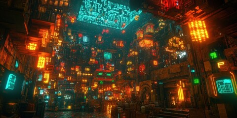 Obraz premium Vibrant neon-lit futuristic city streets.