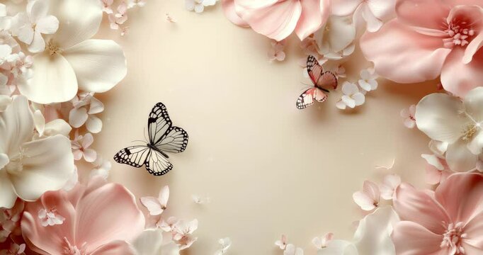 Summer Flowers background. Valentine's Day or Women's Day. Happy Mother Day. Romantic floral frame. Floral pattern. Beautiful Flowers and butterflies. Romantic design. Greeting cards. Copy space area