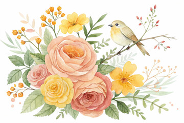 A delicate watercolor illustration features a small bird perched on a branch surrounded by a beautiful bouquet of pink, peach, and yellow flowers