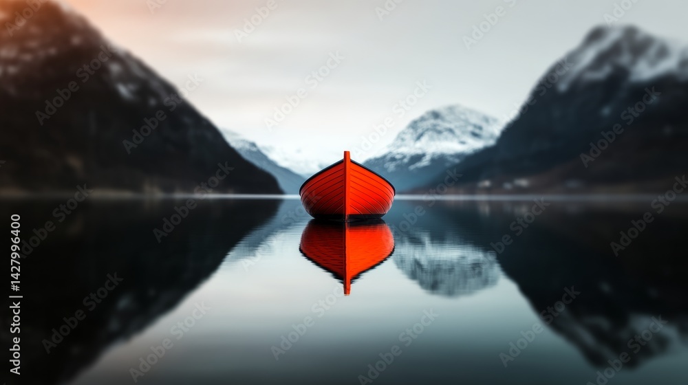 Poster red boat is floating on a lake in front of mountains. the reflection of the boat in the water create