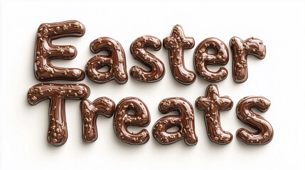 Delicious 3D "Easter Treats" Text Made Entirely of Smooth Milk Chocolate with Detailed Melted Edges, Ultra HD, Fully Isolated on Clean White Background, Generated AI
